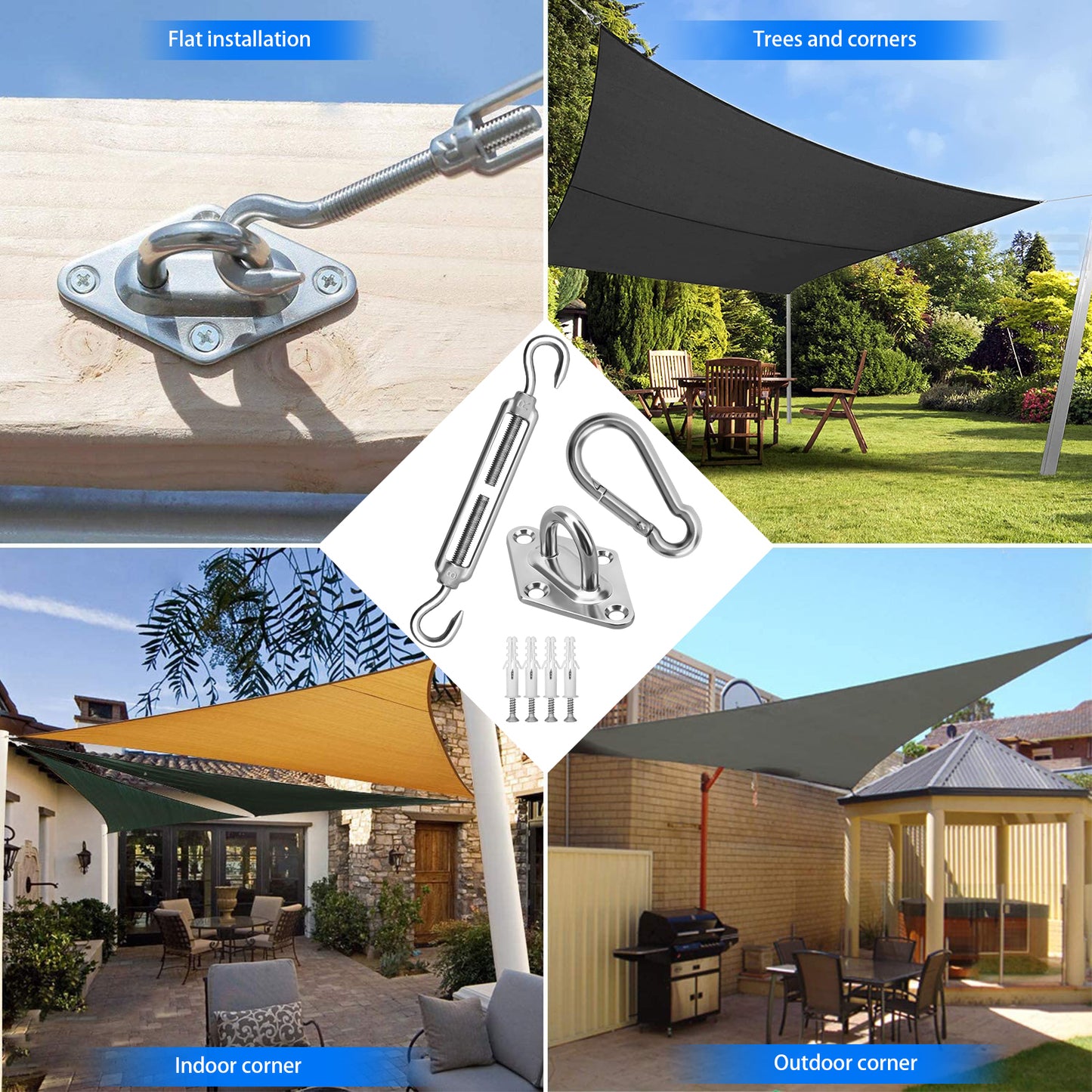 Sun Shade Sail Fixing Kit, M6 Heavy Duty Sun Sail Shade Hardware Kit, 304 Stainless Steel Awning Attachment Set for Garden Triangle and Square, Hardware Accessories Kit